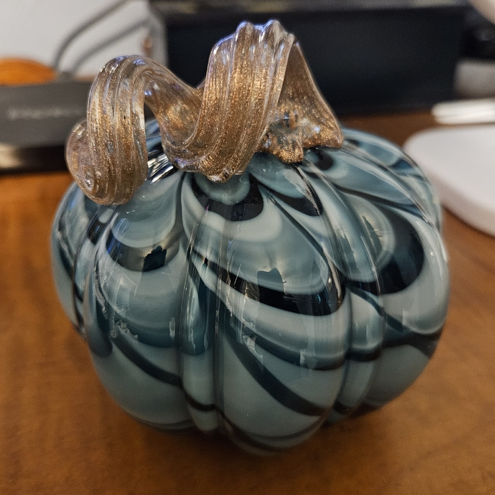 Blue Swirl Glass Pumpkin with Gold Stem - Home Holiday Decor